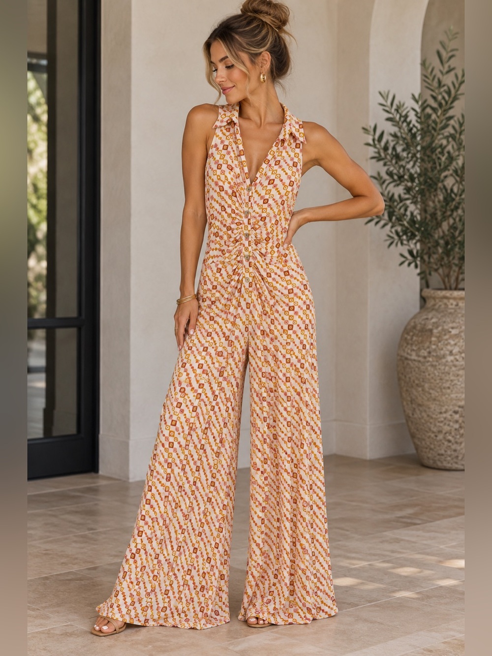 Free People Size S Retro Geo Print Ruched Wide Leg Jumpsuit Boho 70s